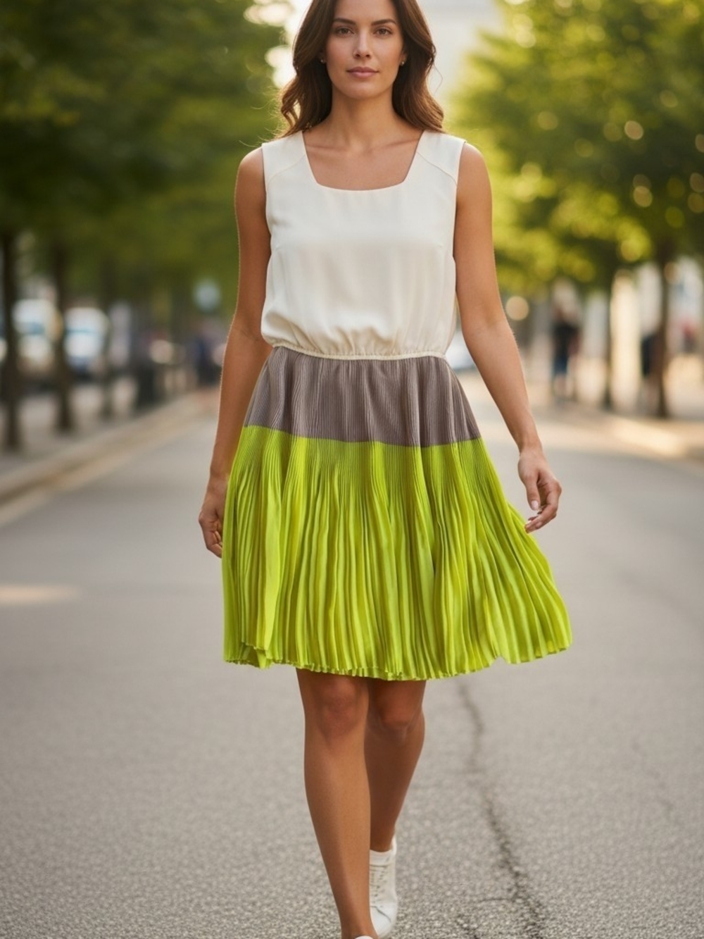 PopcultureColorblock Pleated Mini Dress in White, Taupe & Lime SZ S